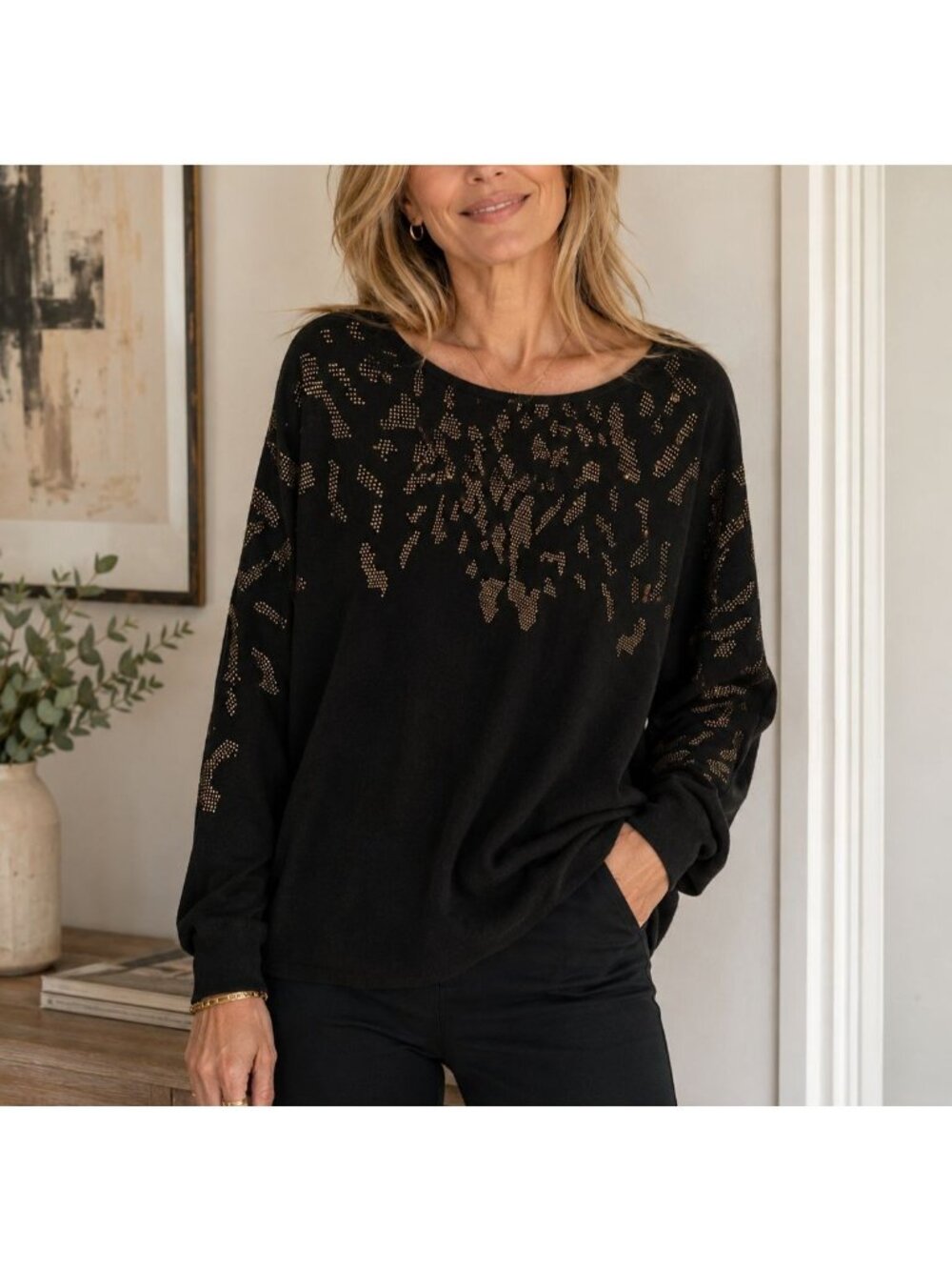 Cactus+Pearl Black Leopard Bling Sweater XL Lightweight Knit Sweater Batwing NEW